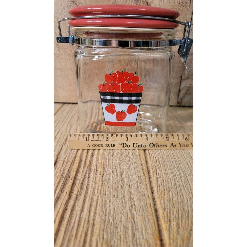 Canning Canister Oval Glass Jar Red Flip Top Wire Clasp Vintage 6.5 Inches Tall